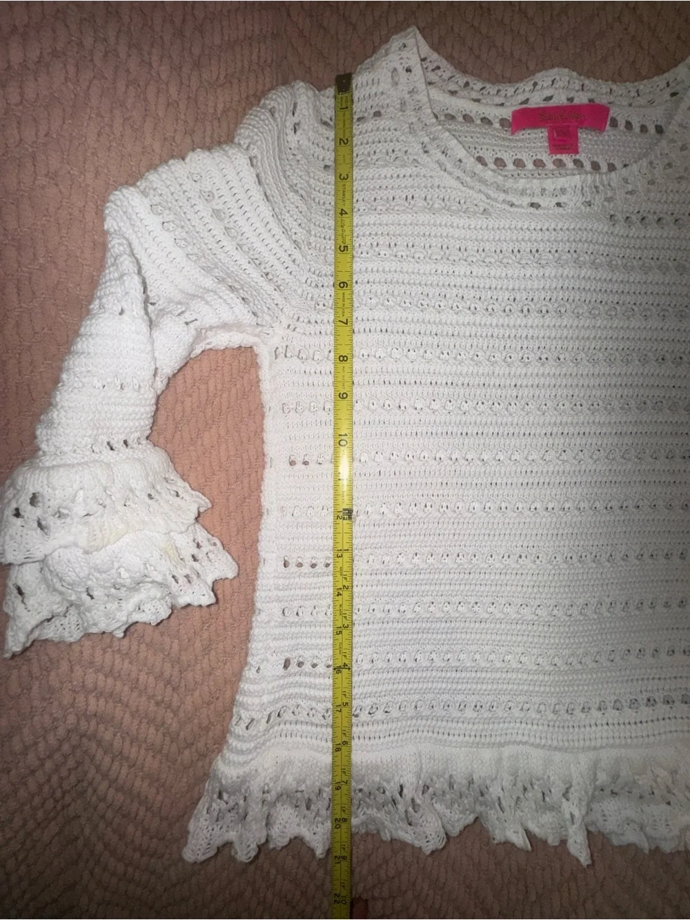 LILLY PULITZER Irina Sweater Resort White Crochet Knit Ruffle Sleeve Pullover S